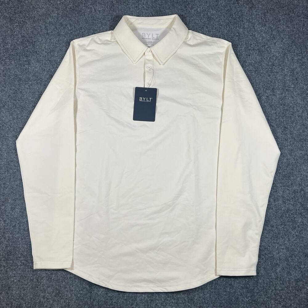NEW BYLT Premium Basics Lux Polo Mens Medium Bone Long Sleeve Drop Cut Golf